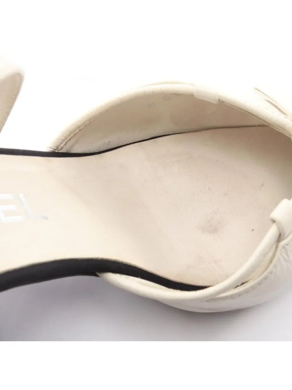 Chanel Pumps Pointed Toe Ribbon Leather Fabric Heel 36
